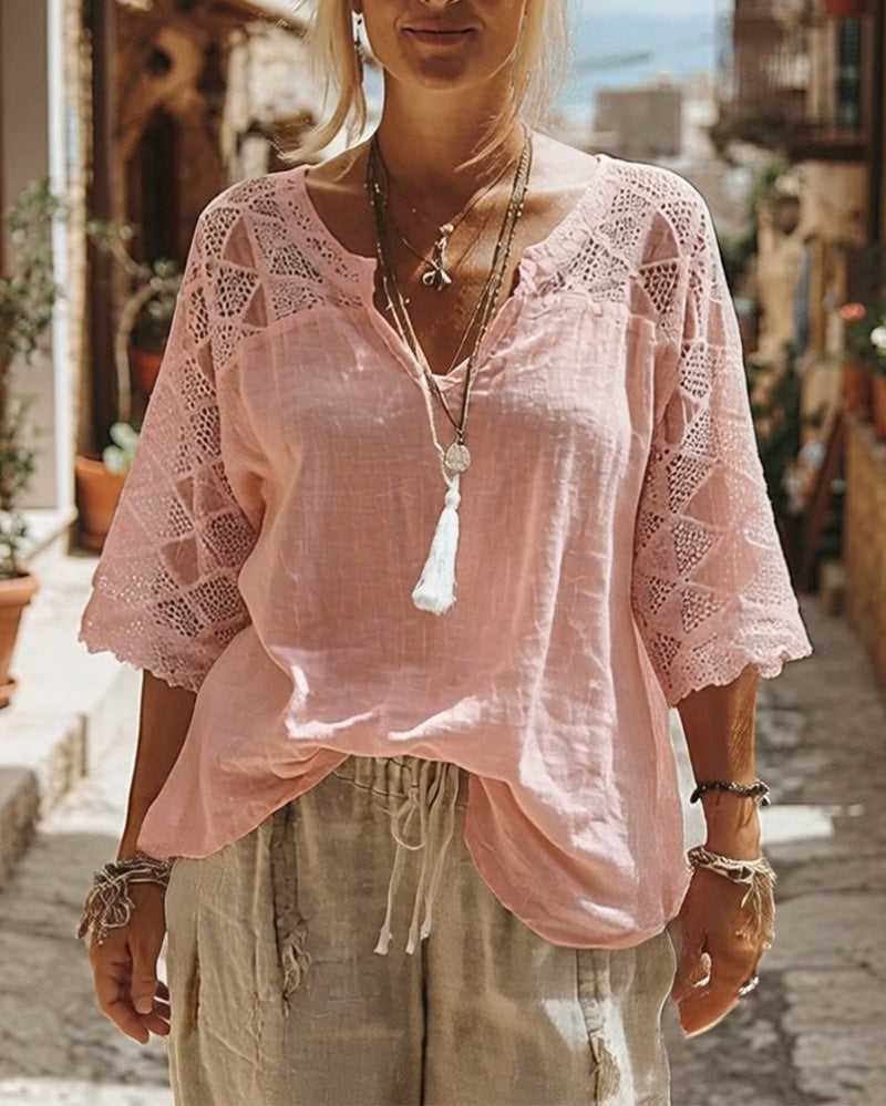 V-Neck Lace Blouse | Women's Summer Top with Lace Sleeves